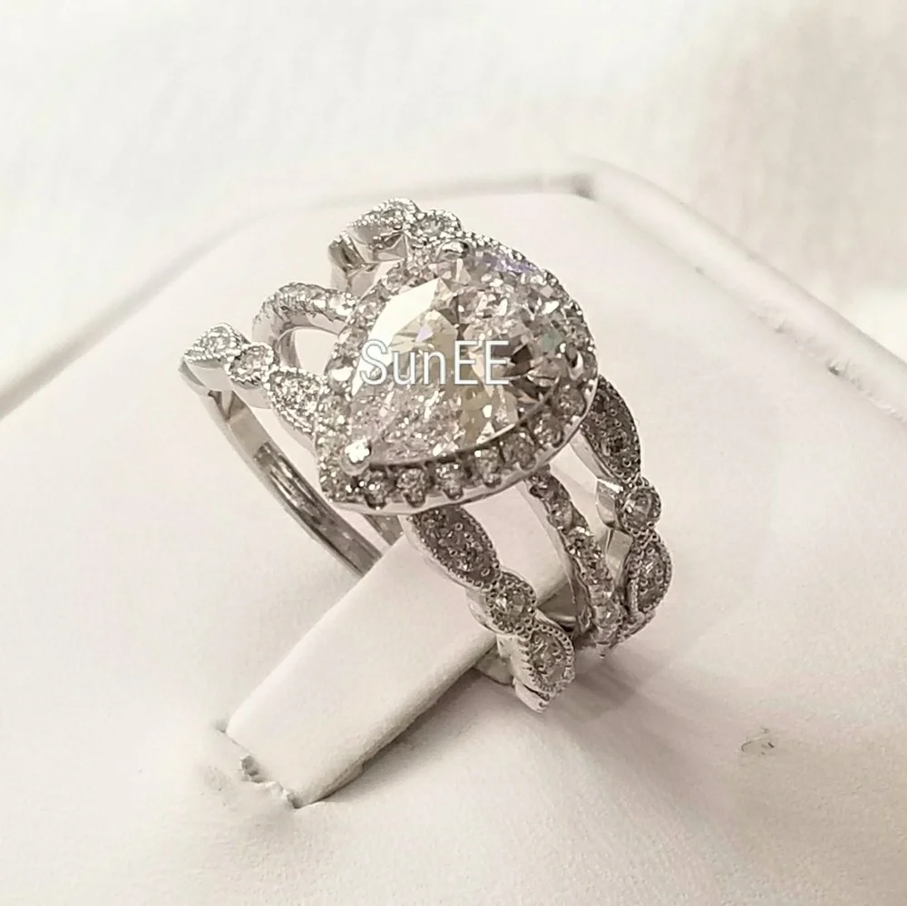 NEW 925 STERLING SILVER HALO DIAMOND PEAR WEDDING RINGS ENGAGEMENT RINGS